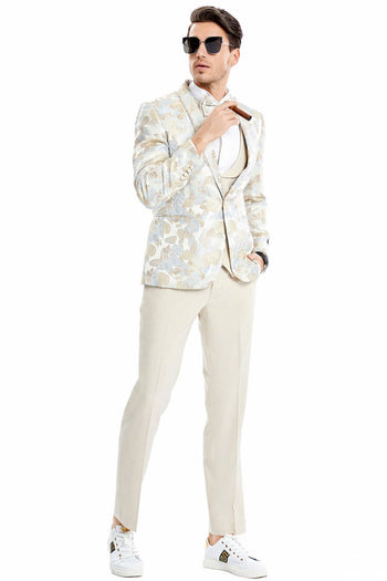 Groomsmen - Men’s One Button Vested Water Color Tulip Floral Print Wedding Dinner Jacket Tuxedo Suit in Tan - Tan / 36 Short - Suit