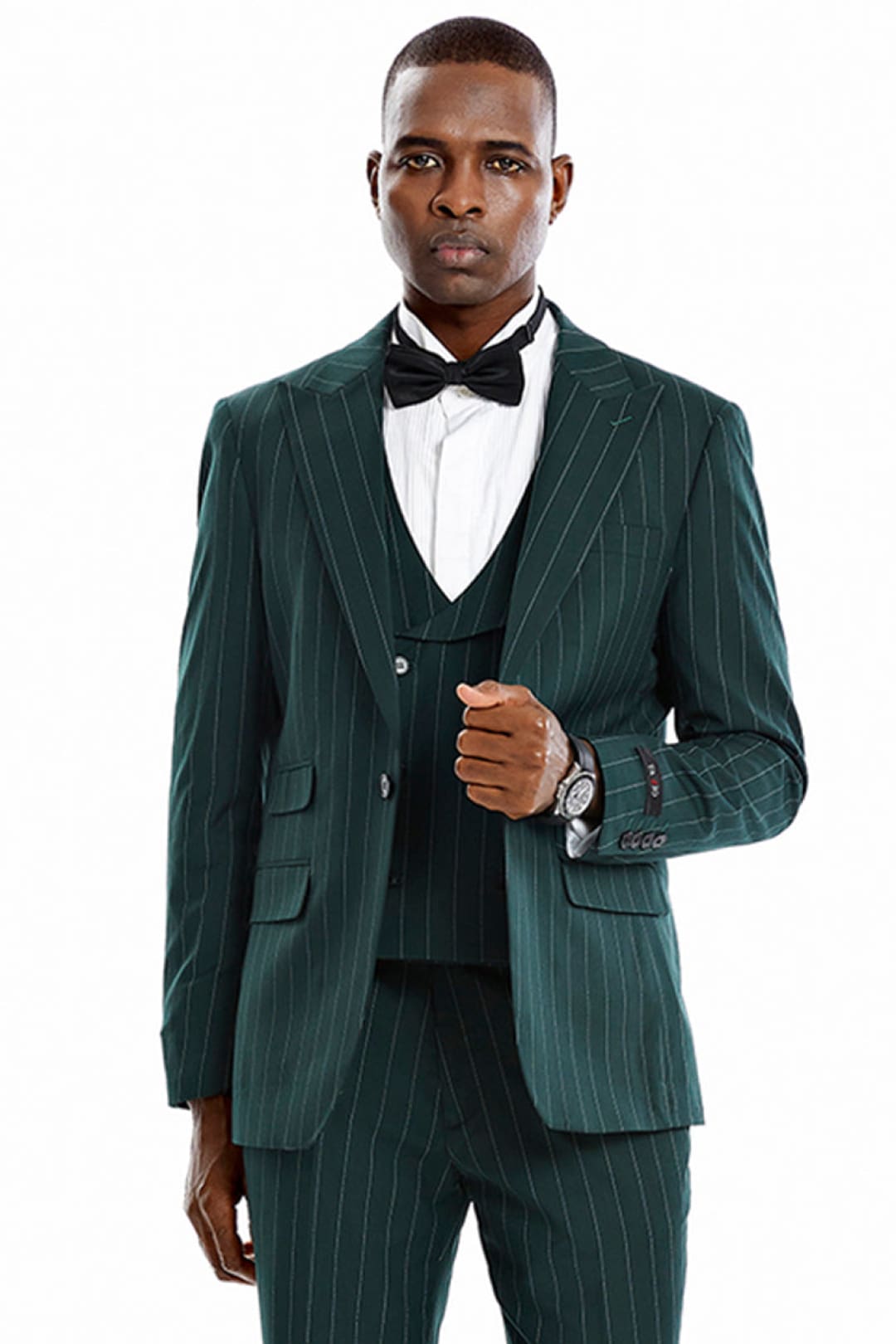 Groomsmen - Men’s One Button Vested Wide Peak Lapel Bold Gangster Pinstripe Suit in Hunter Green - Hunter Green / 34 Short - Suit