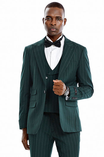 Groomsmen - Men’s One Button Vested Wide Peak Lapel Bold Gangster Pinstripe Suit in Hunter Green - Hunter Green / 34 Short - Suit