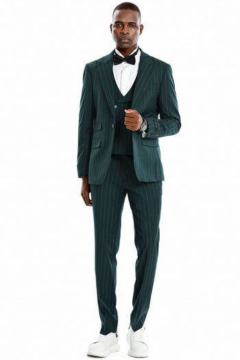 Groomsmen - Men’s One Button Vested Wide Peak Lapel Bold Gangster Pinstripe Suit in Hunter Green - Hunter Green / 36 Short - Suit