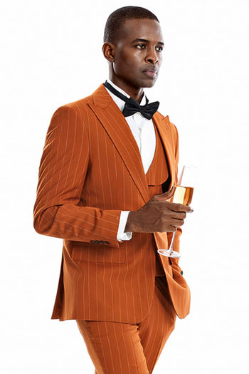 Groomsmen - Men’s One Button Vested Wide Peak Lapel Bold Gangster Pinstripe Suit in Orange Rust - Rust / 34 Short - Suit