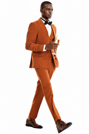 Groomsmen - Men’s One Button Vested Wide Peak Lapel Bold Gangster Pinstripe Suit in Orange Rust - Rust / 36 Short - Suit