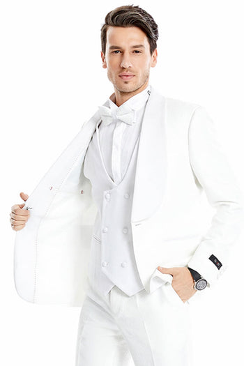 Groomsmen - Men’s One Button Vested Wide Shawl Lapel Lace Style Paisley Prom & Wedding Tuxedo in White - White / 34 Short - Suit