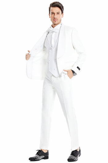 Groomsmen - Men’s One Button Vested Wide Shawl Lapel Lace Style Paisley Prom & Wedding Tuxedo in White - White / 36 Short - Suit