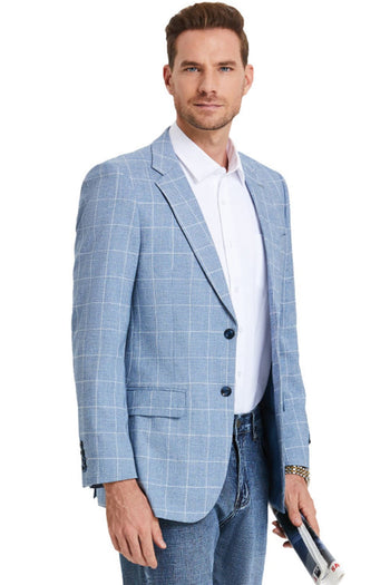 Groomsmen - Men’s Slim Fit Business Casual Summer Windowpane Plaid Blazer in Light Blue - Indigo / X-Small - Blazer
