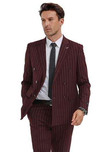 Groomsmen - Men’s Slim Fit Double Breasted Bold Gangster Pinstripe Suit in Burgundy - Burgundy / 34 Short - Suit