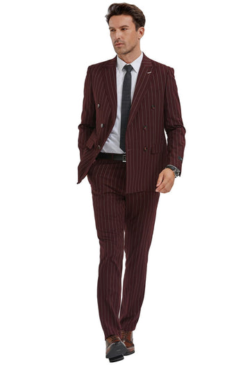 Groomsmen - Men’s Slim Fit Double Breasted Bold Gangster Pinstripe Suit in Burgundy - Burgundy / 36 Short - Suit