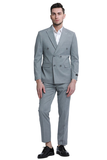 Groomsmen - Men’s Slim Fit Double Breasted Bold Gangster Pinstripe Suit in Grey - Suit