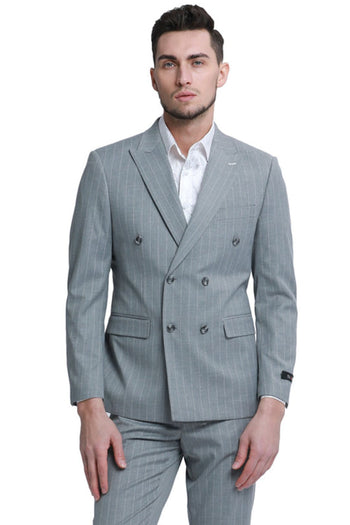 Groomsmen - Men’s Slim Fit Double Breasted Bold Gangster Pinstripe Suit in Grey - Grey / 34 Short - Suit