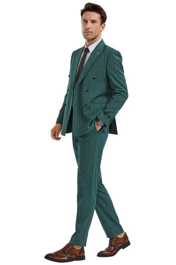 Groomsmen - Men’s Slim Fit Double Breasted Bold Gangster Pinstripe Suit in Hunter Green - Hunter Green / 36 Short - Suit
