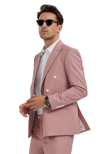 Groomsmen - Men’s Slim Fit Double Breasted Bold Gangster Pinstripe Suit in Pink - Pink / 34 Short - Suit