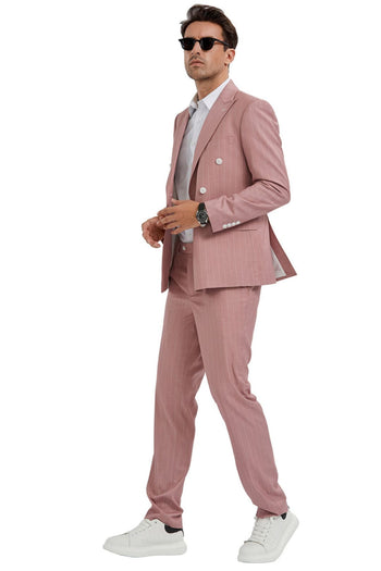 Groomsmen - Men’s Slim Fit Double Breasted Bold Gangster Pinstripe Suit in Pink - Pink / 36 Short - Suit