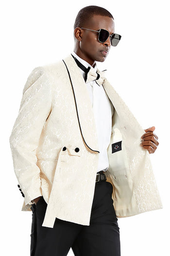 Groomsmen - Men’s Slim Fit Double Breasted Smoking Jacket Prom & Wedding Tuxedo in Champange Tan Paisley - Champagne/Black / 34 Short - Suit