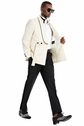 Groomsmen - Men’s Slim Fit Double Breasted Smoking Jacket Prom & Wedding Tuxedo in Champange Tan Paisley - Champagne/Black / 36 Short - Suit