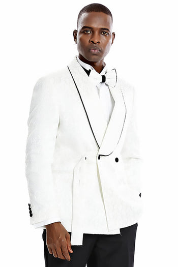 Groomsmen - Men’s Slim Fit Double Breasted Smoking Jacket Prom & Wedding Tuxedo in White Paisley - White/Black / 34 Short - Suit