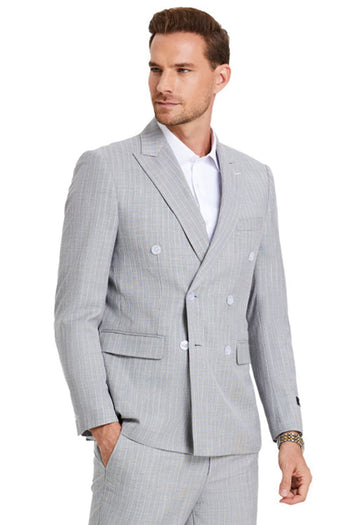 Groomsmen - Men’s Slim Fit Double Breasted Summer Pastel Suit in Light Grey Pinstripe - Light Grey / 34 Short - Suit