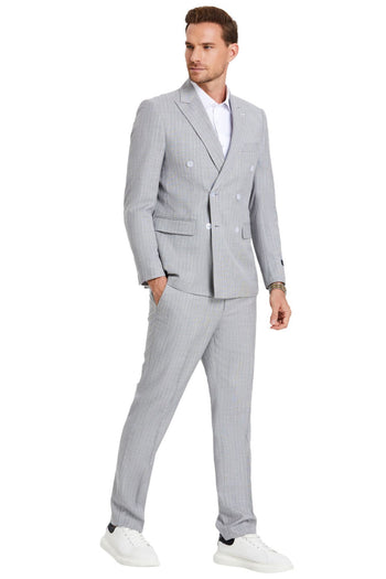 Groomsmen - Men’s Slim Fit Double Breasted Summer Pastel Suit in Light Grey Pinstripe - Light Grey / 36 Short - Suit
