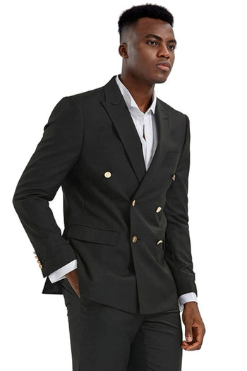 Groomsmen - Men’s Slim Fit Double Breasted Wedding Suit with Gold Buttons in Black - Black / 34 Short - Suit