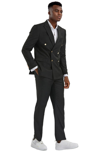 Groomsmen - Men’s Slim Fit Double Breasted Wedding Suit with Gold Buttons in Black - Black / 36 Short - Suit