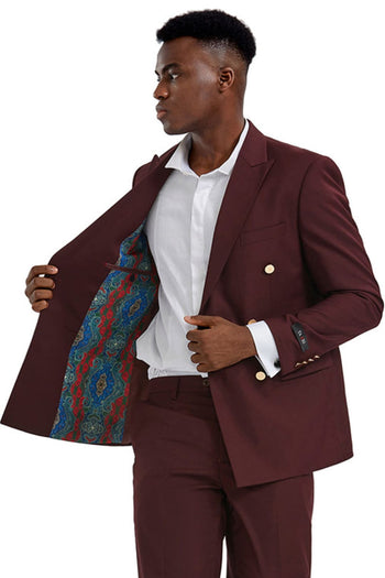 Groomsmen - Men’s Slim Fit Double Breasted Wedding Suit with Gold Buttons in Burgundy - Burgundy / 34 Short - Suit