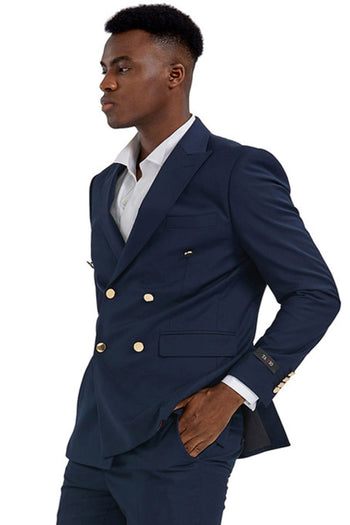 Groomsmen - Men’s Slim Fit Double Breasted Wedding Suit with Gold Buttons in Navy Blue - Navy / 34 Short - Suit