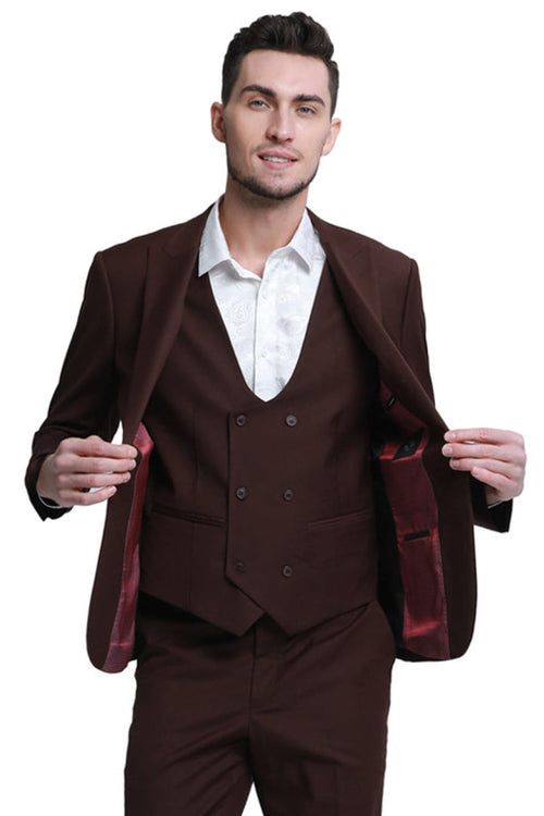 Groomsmen - Men’s Slim Fit One Button Peak Lapel Low Cut Double Breasted Vest Wedding Suit in Brown - Brown / 34 Short - Suit
