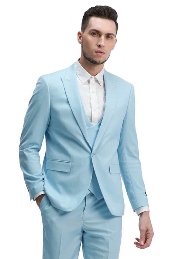 Groomsmen - Men’s Slim Fit One Button Peak Lapel Low Cut Double Breasted Vest Wedding Suit in Light Blue - Blue / 34 Short - Suit