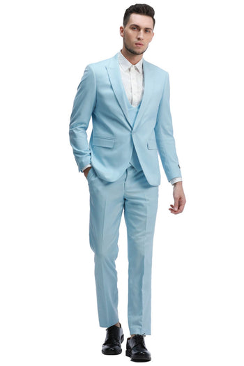 Groomsmen - Men’s Slim Fit One Button Peak Lapel Low Cut Double Breasted Vest Wedding Suit in Light Blue - Blue / 36 Short - Suit