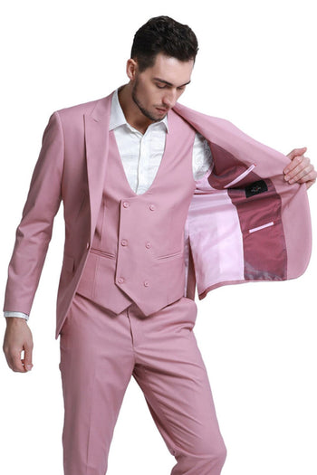 Groomsmen - Men’s Slim Fit One Button Peak Lapel Low Cut Double Breasted Vest Wedding Suit in Mauve Pink - Mauve / 34 Short - Suit