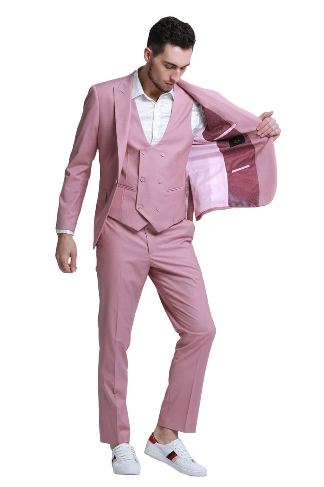 Groomsmen - Men’s Slim Fit One Button Peak Lapel Low Cut Double Breasted Vest Wedding Suit in Mauve Pink - Mauve / 36 Short - Suit