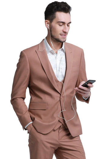 Groomsmen - Men’s Slim Fit One Button Peak Lapel Low Cut Double Breasted Vest Wedding Suit in Peach - Peach / 34 Short - Suit