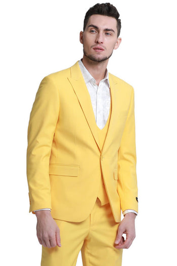 Groomsmen - Men’s Slim Fit One Button Peak Lapel Low Cut Double Breasted Vest Wedding Suit in Yellow - Yellow / 34 Short - Suit