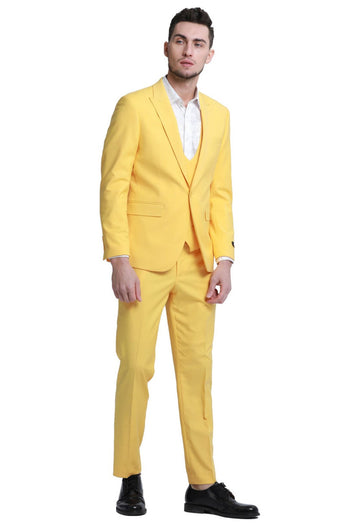 Groomsmen - Men’s Slim Fit One Button Peak Lapel Low Cut Double Breasted Vest Wedding Suit in Yellow - Yellow / 36 Short - Suit