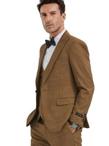 Groomsmen - Men's Slim Fit One Button Peak Lapel Suit with Double Breasted Vest in Camel Sharkskin