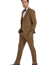 Groomsmen - Men's Slim Fit One Button Peak Lapel Suit with Double Breasted Vest in Camel Sharkskin
