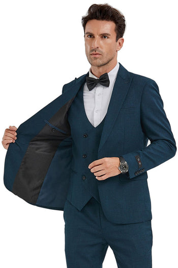 Groomsmen - Men’s Slim Fit One Button Peak Lapel Suit with Double Breasted Vest in Dark Teal Sharkskin - Dark Teal / 34 Short - Suit