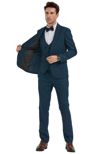 Groomsmen - Men’s Slim Fit One Button Peak Lapel Suit with Double Breasted Vest in Dark Teal Sharkskin - Dark Teal / 36 Short - Suit