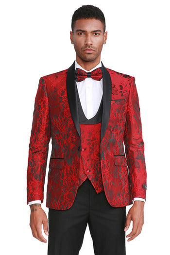 Groomsmen - Men’s Slim Fit One Button Vested Paisley Shawl Lapel Prom Tuxedo in Red - Red / 34 Short - Suit