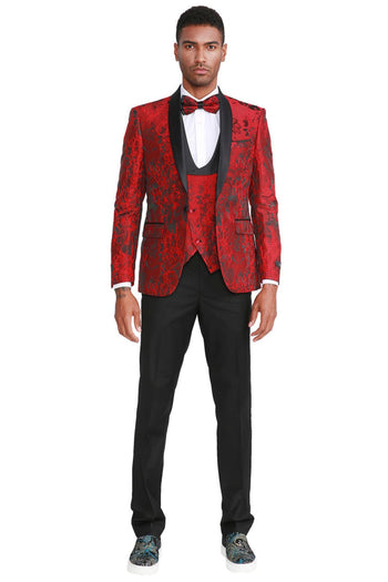 Groomsmen - Men’s Slim Fit One Button Vested Paisley Shawl Lapel Prom Tuxedo in Red - Red / 36 Short - Suit