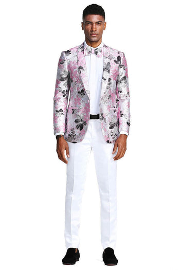 Groomsmen - Men’s Slim Fit Paisley Prom Tuxedo Jacket in Pink & Black - Pink / Small - Blazer