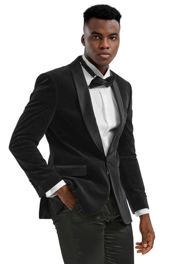 Groomsmen - Men’s Slim Fit Shawl Lapel Velvet Wedding & Prom Tuxedo Jacket in Black - Black / X-Small - Blazer