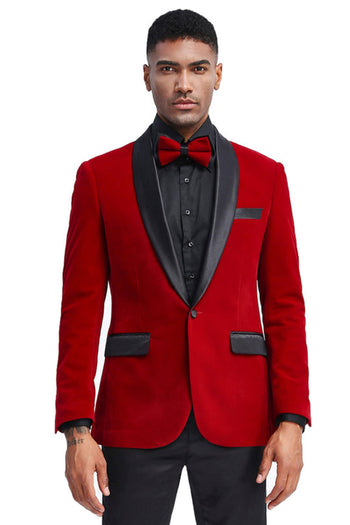 Groomsmen - Men’s Slim Fit Shawl Lapel Velvet Wedding & Prom Tuxedo Jacket in Red - Red / X-Small - Blazer