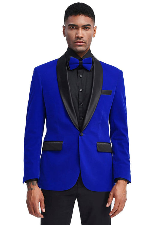 Groomsmen - Men’s Slim Fit Shawl Lapel Velvet Wedding & Prom Tuxedo Jacket in Royal Blue - Royal Blue / X-Small - Blazer