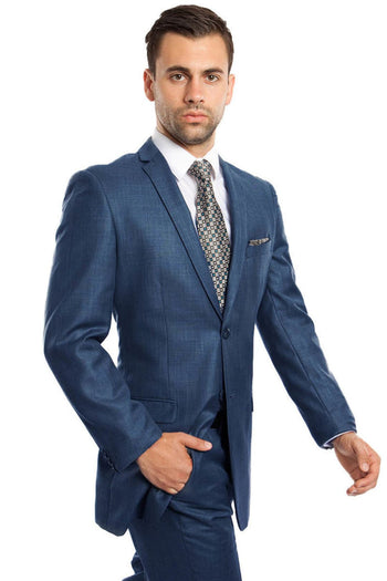 Groomsmen - Men’s Slim Fit Textured Shiny Sharkskin Suit in Indigo Blue - Blue / 34 Short - Suit