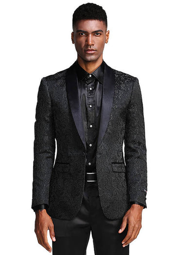 Groomsmen - Men’s Slim Fit Wedding & Prom Tonal Paisley Tuxedo Jacket in Black - Black / X-Small - Blazer