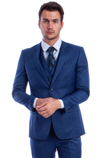 Groomsmen - Men’s Two Button Hybrid Fit Vested Sharkskin Wedding & Business Suit in Blue - Blue / 34 Short - Suit