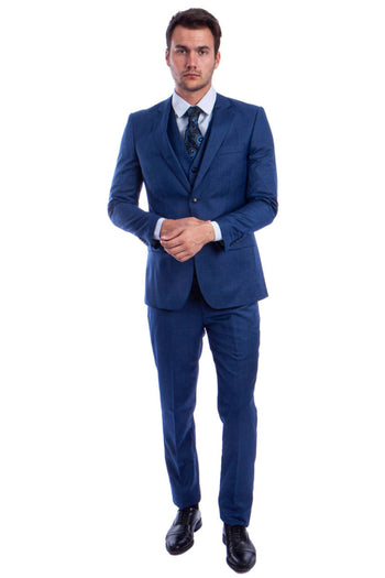 Groomsmen - Men’s Two Button Hybrid Fit Vested Sharkskin Wedding & Business Suit in Blue - Blue / 36 Short - Suit