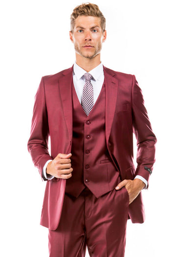 Groomsmen - Men’s Two Button Hybrid Fit Vested Sharkskin Wedding & Business Suit in Cranberry Red - Cranberry Red / 34 Short - Suit