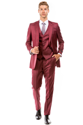 Groomsmen - Men’s Two Button Hybrid Fit Vested Sharkskin Wedding & Business Suit in Cranberry Red - Cranberry Red / 36 Short - Suit