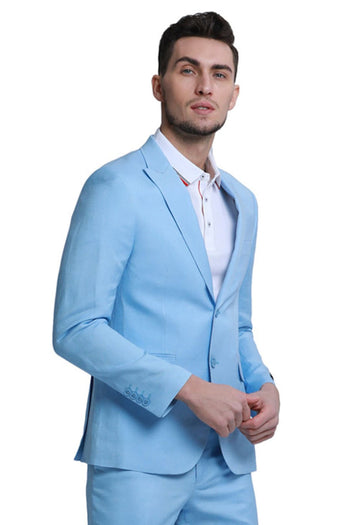 Groomsmen - Men’s Two Button Peak Lapel Summer Linen Style Beach Wedding Suit in Baby Blue - Baby Blue / 34 Short - Suit